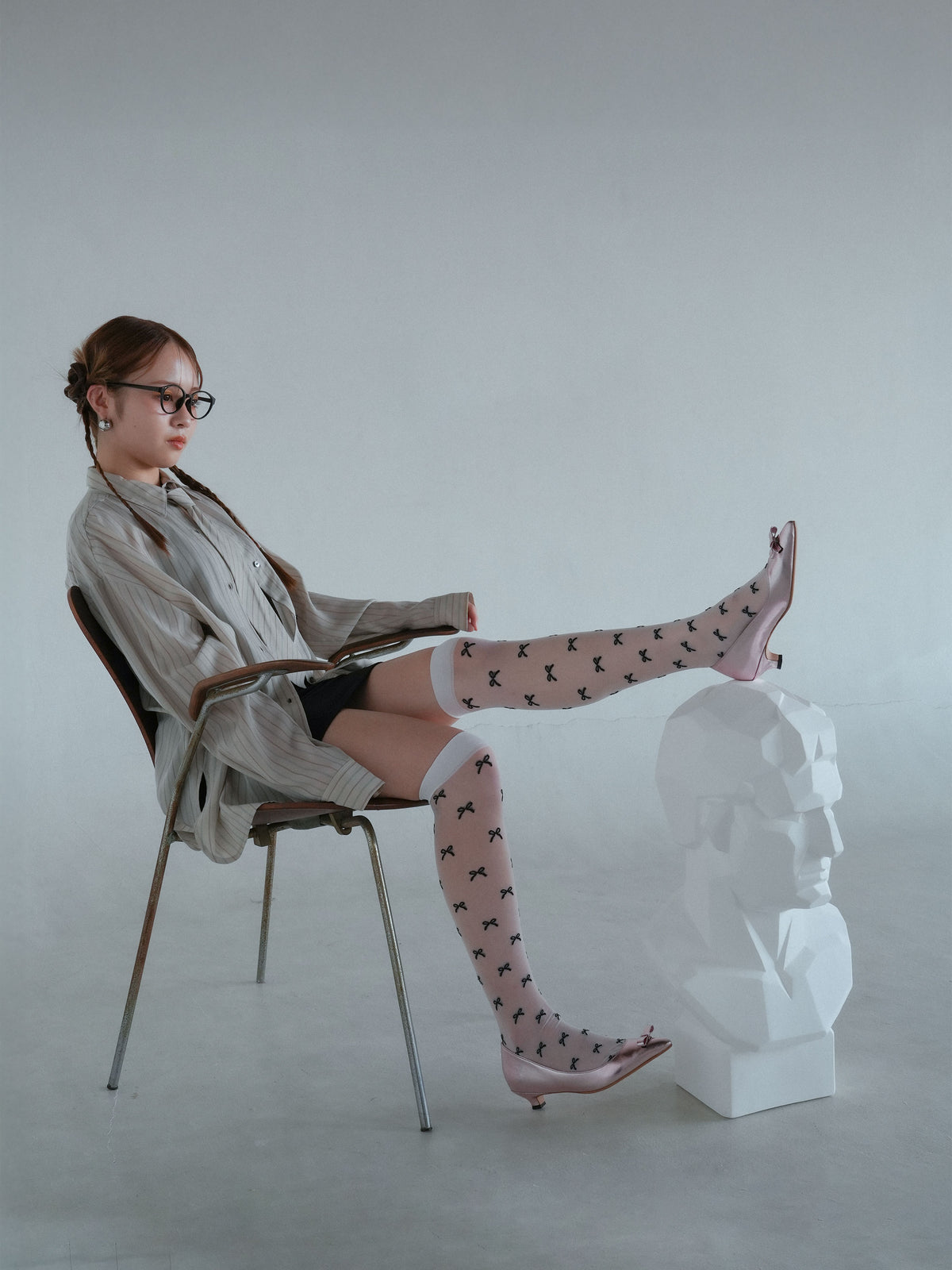 メタリックリボンポインテッドパンプス-ピンク