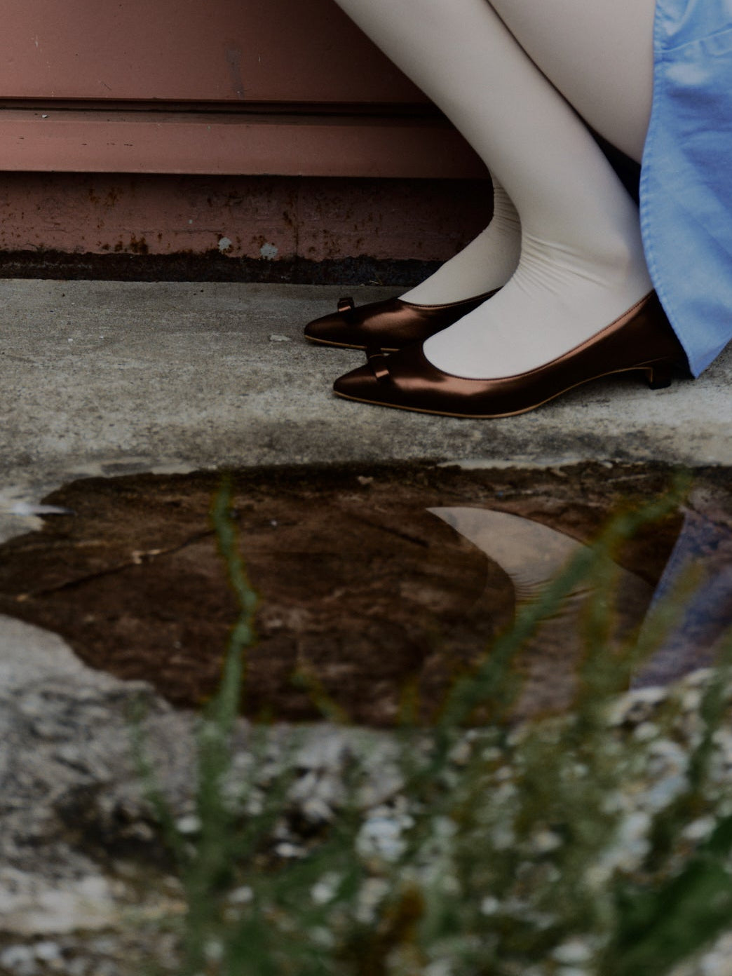 メタリックリボンポインテッドパンプス-ブロンズ